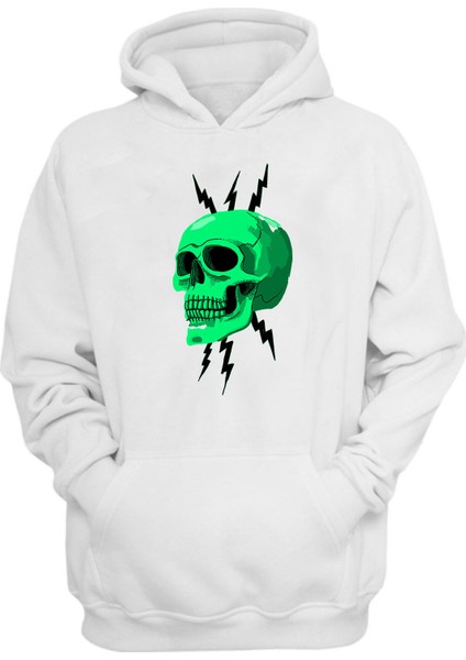 Unisex Yeşil Kuru Kafa ve Yıldırımlar Baskılı Beyaz Normal Kalıp Şardonlu Kalın Sweatshirt