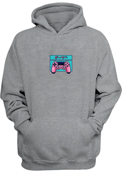 Unisex Pembe Oyun Konsolu Baskılı Gri Normal Kalıp Şardonlu Kalın Sweatshirt