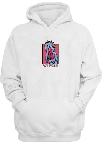 Unisex Bad Bunny Baskılı Beyaz Normal Kalıp Şardonlu Kalın Sweatshirt
