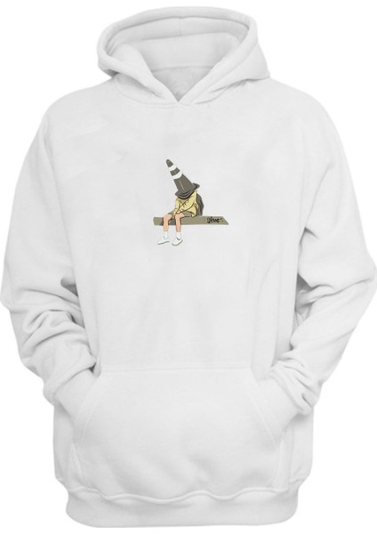 Unisex Kafasına Duba Geçirmiş Adam Baskılı Beyaz Normal Kalıp Şardonlu Kalın Sweatshirt