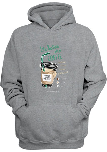 Unisex Life Begins After Coffee Baskılı Gri Normal Kalıp Şardonlu Kalın Sweatshirt