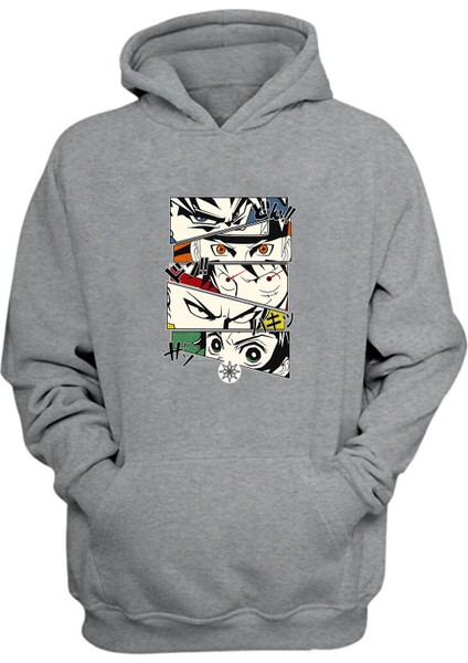 Unisex Anime Characters And Eyes Baskılı Gri Normal Kalıp Şardonlu Kalın Sweatshirt