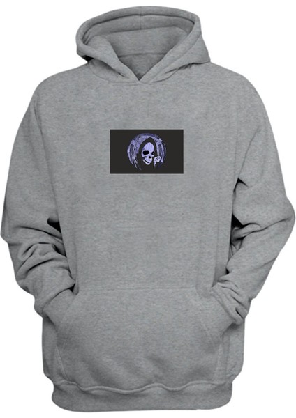 Unisex Azrail Kapı Deliği Baskılı Gri Normal Kalıp Şardonlu Kalın Sweatshirt