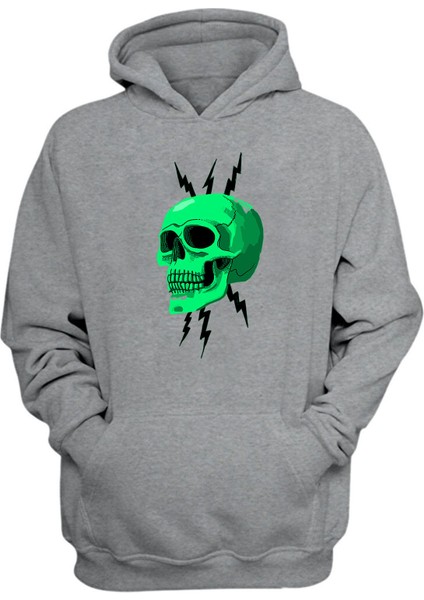 Unisex Yeşil Kuru Kafa ve Yıldırımlar Baskılı Gri Normal Kalıp Şardonlu Kalın Sweatshirt
