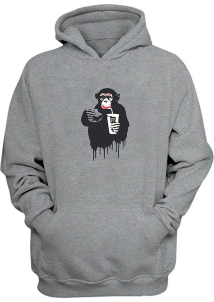 Unisex Hamburger Maymun Baskılı Gri Normal Kalıp Şardonlu Kalın Sweatshirt