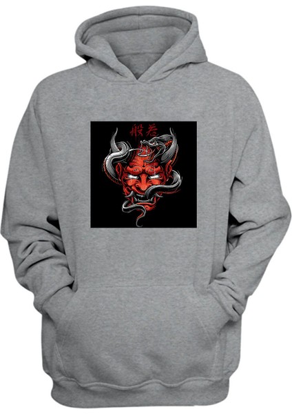 Unisex Şeytan ve Yılan Baskılı Gri Normal Kalıp Şardonlu Kalın Sweatshirt