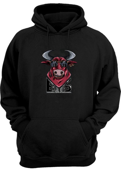 Unisex Bull Boss, A Bull Smoking Baskılı Siyah Normal Kalıp Şardonlu Kalın Sweatshirt