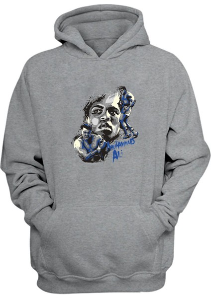 Unisex Muhammed Ali Yüzü Baskılı Gri Normal Kalıp Şardonlu Kalın Sweatshirt