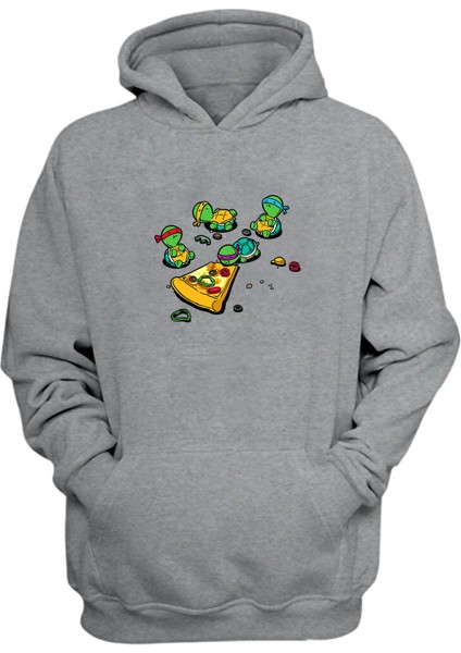 Unisex Ninja Kaplumbağalar ve Pizza Baskılı Gri Normal Kalıp Şardonlu Kalın Sweatshirt
