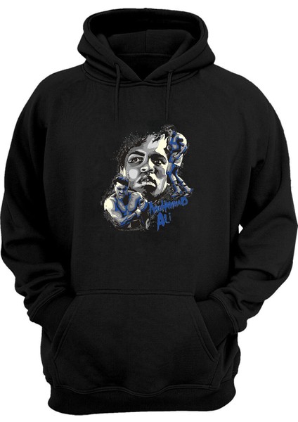Unisex Muhammed Ali Yüzü Baskılı Siyah Normal Kalıp Şardonlu Kalın Sweatshirt