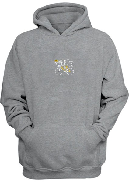 Unisex Skeleton Riding A Bicycle Baskılı Gri Normal Kalıp Şardonlu Kalın Sweatshirt
