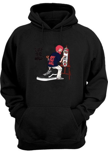 Unisex Off The Wall Baskılı Siyah Normal Kalıp Şardonlu Kalın Sweatshirt