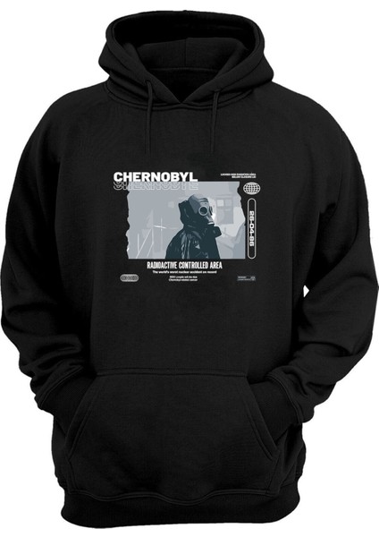 Unisex Chernobyl Baskılı Siyah Normal Kalıp Şardonlu Kalın Sweatshirt