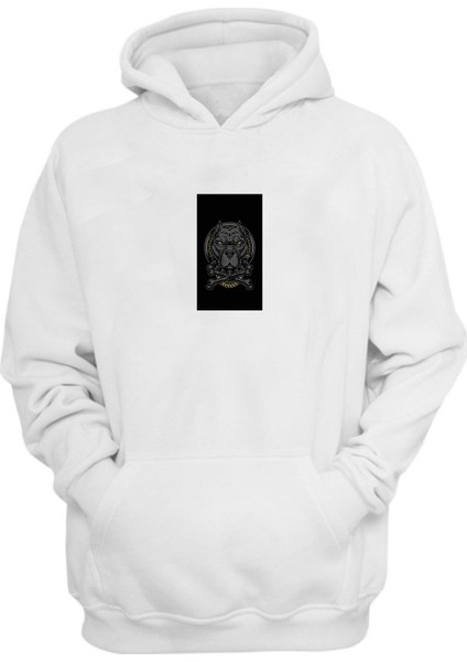 Unisex Altın Kolyeli Pitbull Baskılı Beyaz Normal Kalıp Şardonlu Kalın Sweatshirt