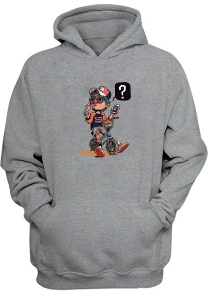 Unisex Lost Bicycle Boy,bm-B Baskılı Gri Normal Kalıp Şardonlu Kalın Sweatshirt
