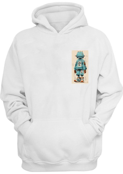 Unisex 900 Drawing Robot Baskılı Beyaz Normal Kalıp Şardonlu Kalın Sweatshirt