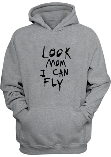 Unisex Look Mom I Can Fly Baskılı Gri Normal Kalıp Şardonlu Kalın Sweatshirt