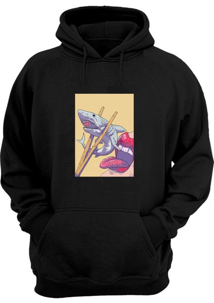 Unisex Köpek Balığı Suşi Baskılı Siyah Normal Kalıp Şardonlu Kalın Sweatshirt