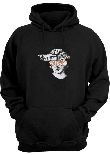 Unisex Unknown Gül Baskılı Siyah Normal Kalıp Şardonlu Kalın Sweatshirt