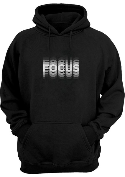 Unisex Focus Baskılı Siyah Normal Kalıp Şardonlu Kalın Sweatshirt