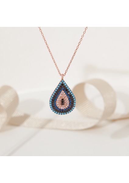 925 Ayar Rose Kaplama Damla Nazar Boncuklu Gümüş Kolye