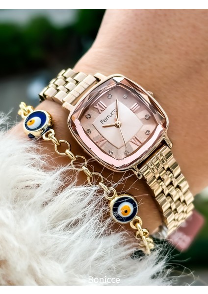 Özel Tasarım Rose Renk , Kare Kasa, Çelik Kordon Bayan Kol Saati+Bileklik Hediyeli