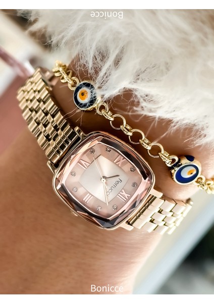 Özel Tasarım Rose Renk , Kare Kasa, Çelik Kordon Bayan Kol Saati+Bileklik Hediyeli modelleri