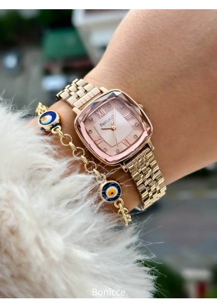 Özel Tasarım Rose Renk , Kare Kasa, Çelik Kordon Bayan Kol Saati+Bileklik Hediyeli fırsatları