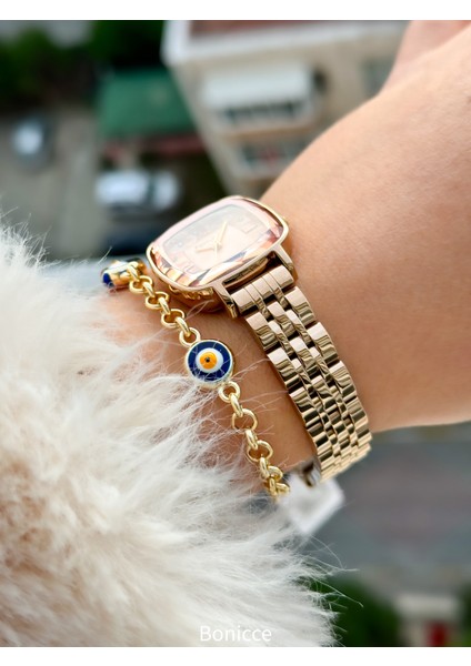 Özel Tasarım Rose Renk , Kare Kasa, Çelik Kordon Bayan Kol Saati+Bileklik Hediyeli