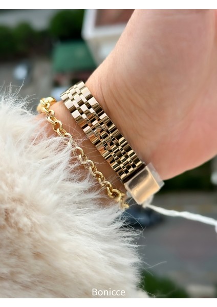 Özel Tasarım Rose Renk , Kare Kasa, Çelik Kordon Bayan Kol Saati+Bileklik Hediyeli