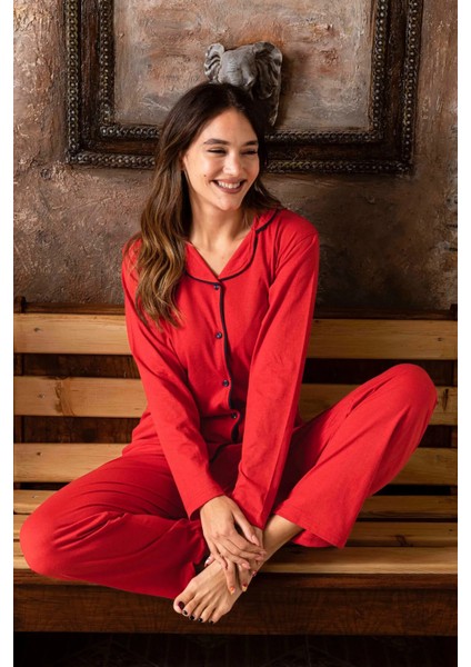 Gömlek Model Uzun Kollu Kırmızı Kadın Pijama Takımı