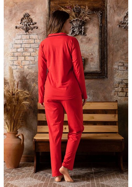 Gömlek Model Uzun Kollu Kırmızı Kadın Pijama Takımı