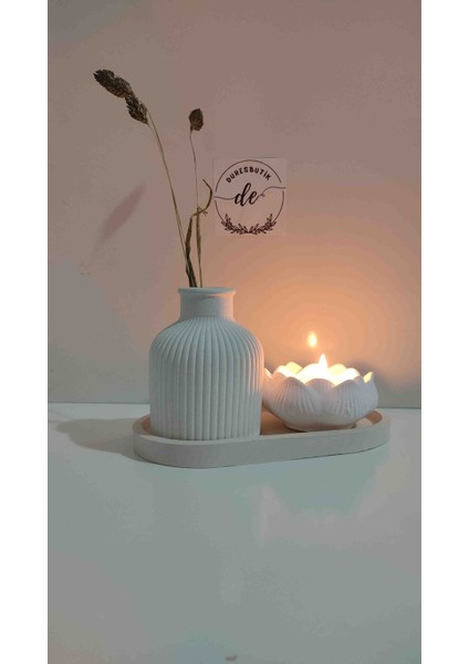 Duresbutik Pampas Vazo Kuru Çiçek Vazosu Lotus Mumluk Set Beyaz
