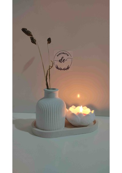Duresbutik Pampas Vazo Kuru Çiçek Vazosu Lotus Mumluk Set Beyaz