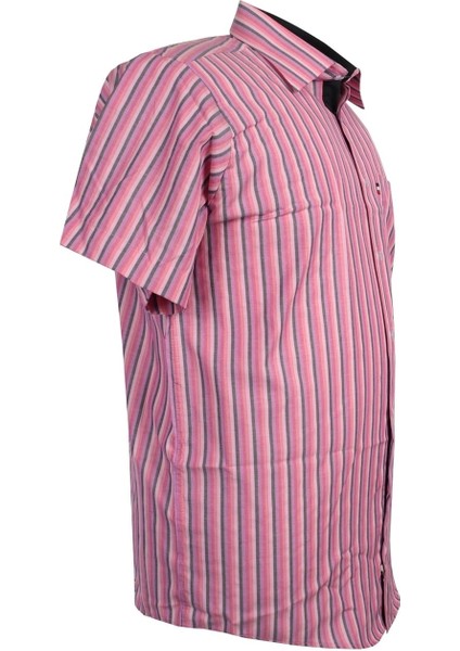 Büyük Beden Erkek Gömlek Kısa Kol Pembe Çizgili