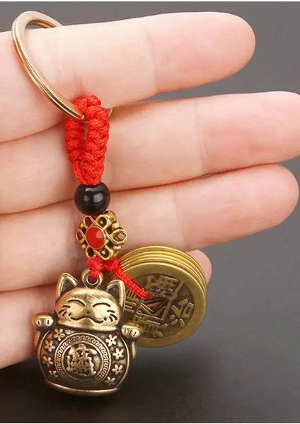 Feng Shui Bereket ve Şans Kedisi Anahtarlığı (Maneki Neko Figürlü Anahtarlık)