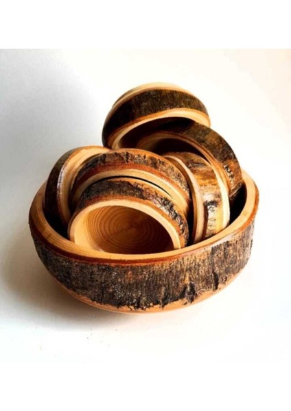 Ahşap Çerezlik -Kabuklu Doğal Ahşap Çerez Takımı -Natural Woodcookie Set