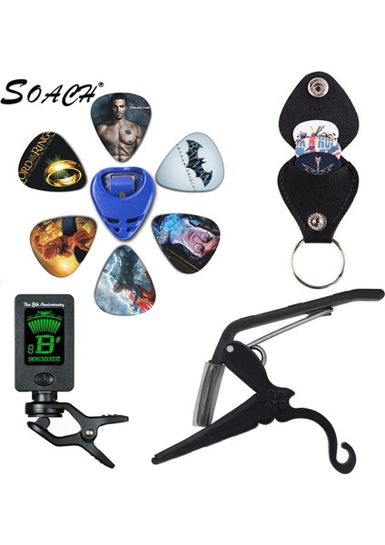 Film Stili 0.96MM Soach Yeni Süper Değerli Alet Kiti Gitar Akort Aleti + Capo + Plectrum Tutucu + Anahtarlık + 6 Renk Seçtikleri Gitar Parçaları Aksesuarlar (Yurt Dışından)