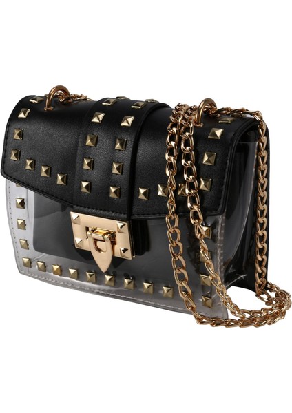 Yeni Moda Messenger Çanta Zincirler Omuz Çantası Kadın Perçinler Şeffaf Kare Pu Çanta Siyah (Yurt Dışından) fırsatları
