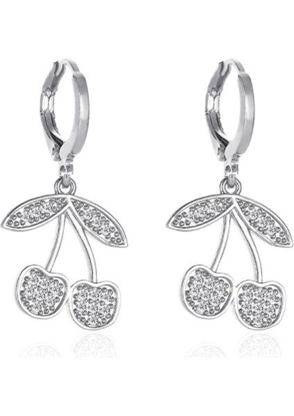 Kısa Tatlı Zirkon Kiraz Küpe Nefis Meyve Eardrop Kolye Kulak Tokası Takı Kadın Hediye, Gümüş Renk (Yurt Dışından)