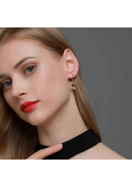 Kısa Tatlı Zirkon Kiraz Küpe Nefis Meyve Eardrop Kolye Kulak Tokası Takı Kadın Hediye, Gümüş Renk (Yurt Dışından) indirimleri