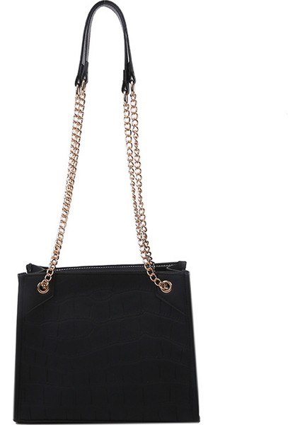 Büyük Kapasiteli Timsah Desenli Zincir Çanta Moda Omuz Çantası Messenger Çanta Tote Çanta (Siyah) (Yurt Dışından)