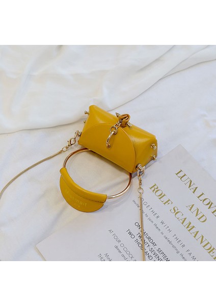 Metal Halka Kolu Kadın Çanta Mini Sevimli Tote Çanta Zincir Perçin Omuz Çantası Moda Messenger Çanta Sarı (Yurt Dışından) modelleri