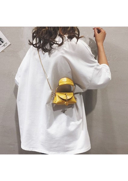 Metal Halka Kolu Kadın Çanta Mini Sevimli Tote Çanta Zincir Perçin Omuz Çantası Moda Messenger Çanta Sarı (Yurt Dışından) fırsatları