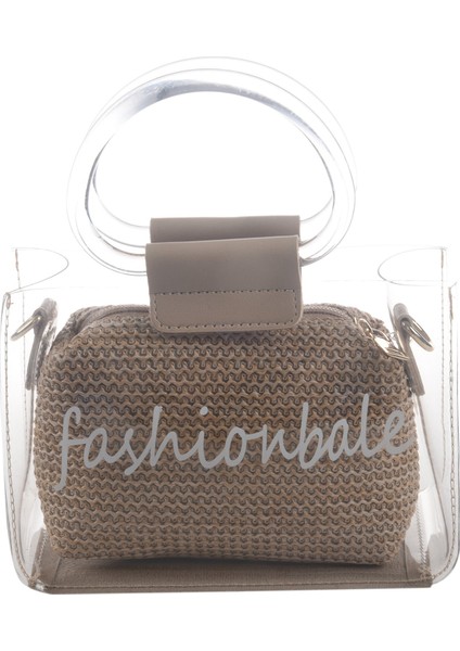 Saman Dokuma Mektup Baskı Şeffaf Çanta Kadınlar Için Zincir Yaz Plaj Çantası Bayan Yüzük Kolu Omuz Çantası Mini Çanta Haki (Yurt Dışından)