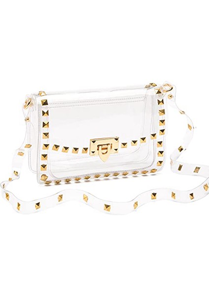 Kadınlar Için Temizle Çanta, Temizle Crossbody Çanta Moda Perçin Dekor Temizle Çantalar Renk: Şeffaf Çanta-Altın (Yurt Dışından)