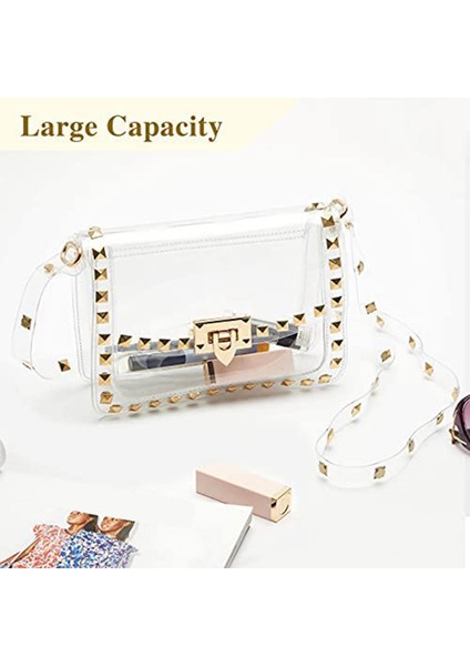 Kadınlar Için Temizle Çanta, Temizle Crossbody Çanta Moda Perçin Dekor Temizle Çantalar Renk: Şeffaf Çanta-Altın (Yurt Dışından) indirimleri