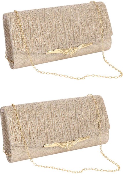 2x Kadın Akşam Çanta Parti Ziyafet Glitter Çanta Kadın Kızlar Için Düğün Manşonlar Çanta Zincir Omuzdan Askili Çanta (Şampanya) (Yurt Dışından)