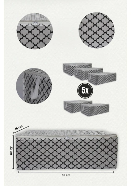 5'Li Çekyat Baza Tipi Yastık Kıyafet Saklama Hurcu - Baza Altı Düzenleyici Hurç Çiçek Desen(Beyaz)