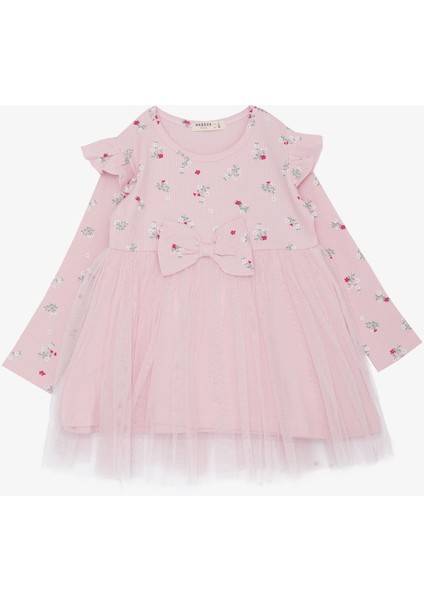 Kız Çocuk Uzun Kollu Elbise Çiçek Desenli Fırfırlı Fiyonklu 3-7 Yaş, Pembe
